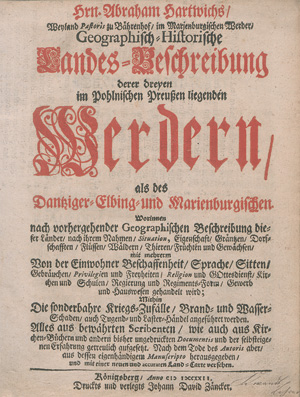 Los 226 - Hartwich, Abraham - Geographisch-historische Landes-Beschreibung derer dreyen Werdern. Königsberg, Johann David Zäncker, 1722 - 0 - thumb