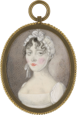 Los 6412 - Deutsch - um 1810. Miniatur Portrait einer jungen Frau mit weißer Rückenhaube, in weißem Empirekleid - 0 - thumb