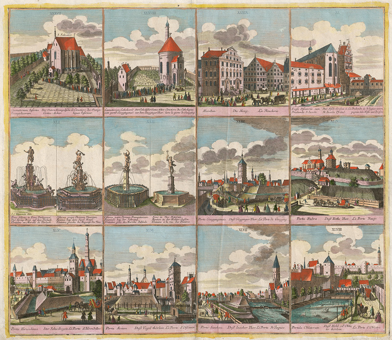 Lot 193, Auction  125, Seutter, Matthäus und Weyerman, Jacob Campo, Prospectus praecipuorum publicorum. Augsburg, Seutter, 1742. - Die vier großformatige Kupferstiche haben insgesamt siebenundvierzig Ansichten von Gebäuden und Plätzen in und um Augsburg