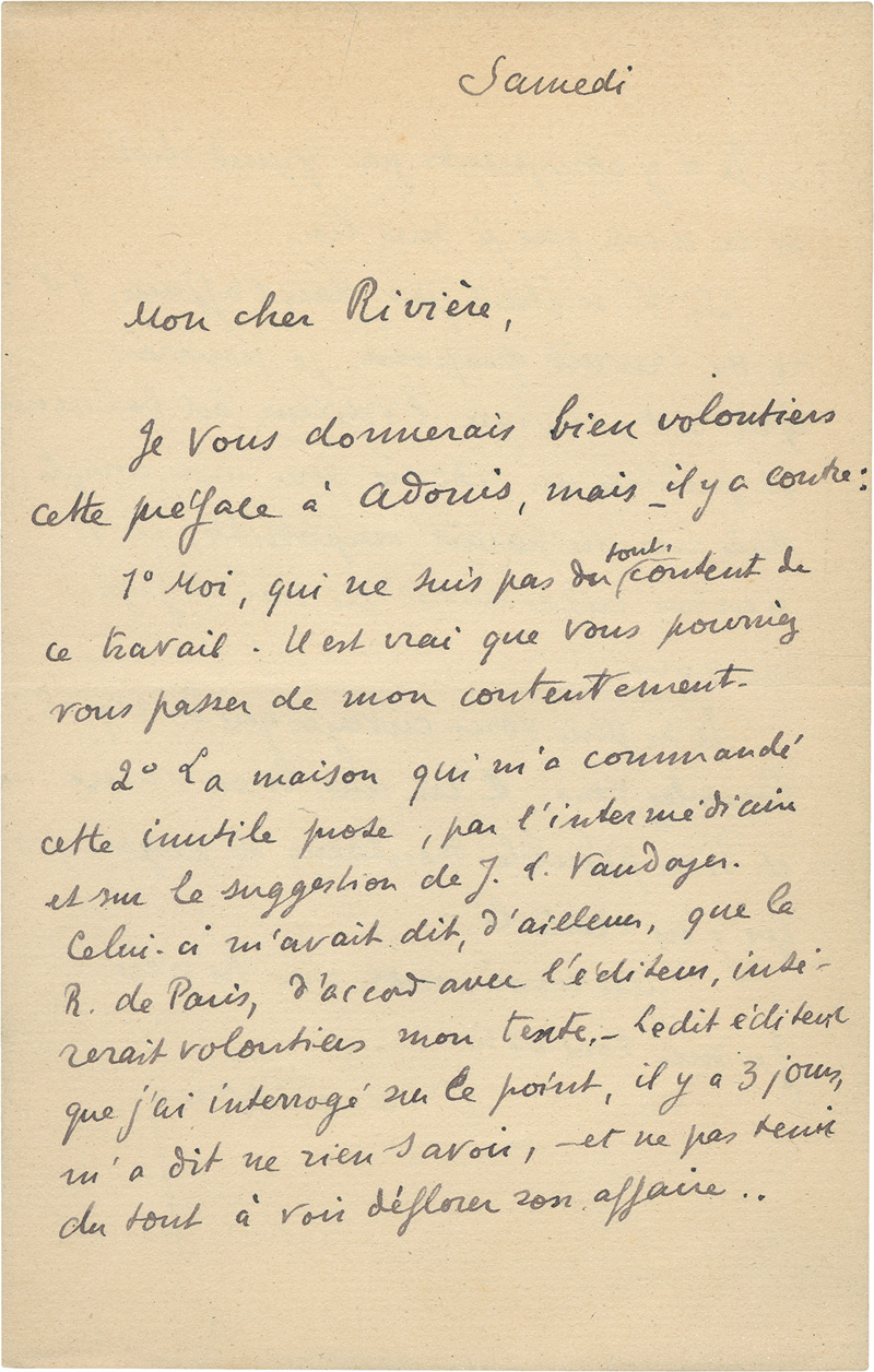 Lot 3381, Auction  125, Valéry, Paul, Adonis. Paris, Masque d'or Devambez, 1921. - Widmungsexemplar mit separatem Autograph