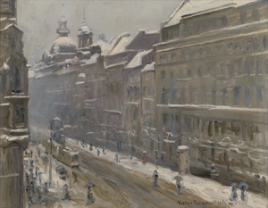 Lot 6202, Auction  126, Markewitsch, Viktor, Winterliche Straße in Prag (wohl auf der Kleinseite mit St. Nikolaus in Hintergrund)