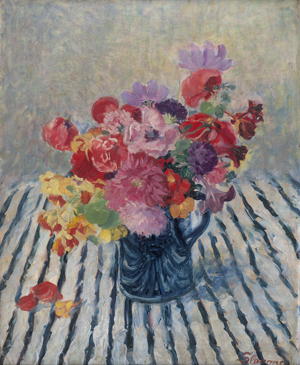 Lot 6215, Auction  126, Slavona, Maria, Blumenstilleben auf einem Tisch mit gestreiftem Tischtuch