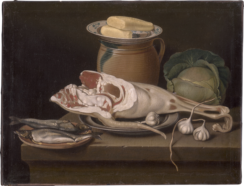 Lot 6044, Auction 126, Beck, Jacob Samuel, Küchenstillleben mit Schinken, Herringen, Knoblauch ... Butter