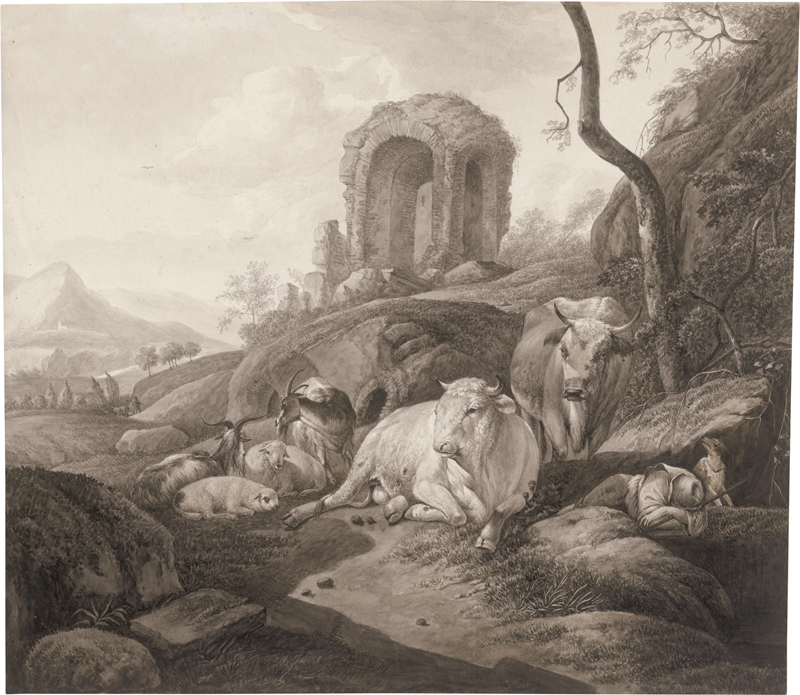 Lot 6609, Auction 126, Morgenstern, Johann Friedrich, Hügelige Landschaft mit einer Herde und schlafendem Hirten bei einer Ruine