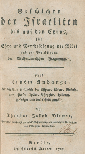 Lot 405, Auction  127, Ditmar, Theodor Jakob, Geschichte der Israeliten bis auf  den Cyrus