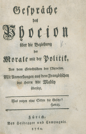 Lot 2185, Auction  127, Mably, Gabriel Bonnot de, Gespräche des Phocion über die Beziehung der Morale mit der Politik