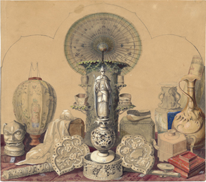Los 6388 - Hauptstock, A. - Arrangement mit chinesischem Schirm, Lampion, Elfenbeinskulptur - 0 - thumb