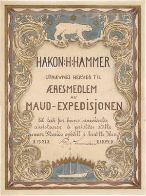 Los 6470 - Amundsen, Roald - Roald Amundsen: Maud-Expedition in die Arktis: Ehrenurkunde für Hakon H. Hammer - 0 - thumb