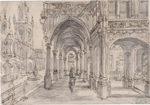 Lot 6532, Auction  127, Vredeman de Vries, Hans - zugeschrieben, Perspektiventwurf: Blick in den Säulengang eines Renaissancepalastes, links ein repräsentatives Gebäude mit Turm