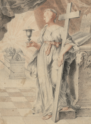 Lot 6537, Auction  127, Niederländisch, um 1620. Allegorie des Glaubens, mit Kreuz und Kelch, im Hintergrund die Bundeslade mit Cherubim