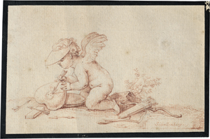 Lot 6557, Auction  127, Schellenberg, Johann Rudolf, Amor mit Schirmmütze als Zeichner, mit seinem Pfeil ein Bildnis auf ein Herz gravierend