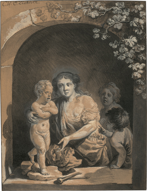Lot 6572, Auction  127, Dietrich, Christian Wilhelm Ernst, Allegorie auf die Bildhauerei: Frau mit Skulptur und zwei Kindern in einer Fensternische