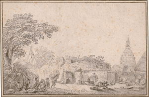 Lot 6575, Auction  127, Französisch, 18. Jh. Blick über ein verfallenes Gehöft auf die Kuppel des Invalidendoms in Paris