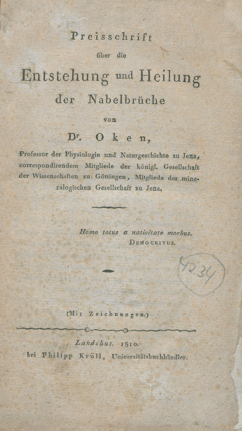 Lot 314, Auction 127, Oken, Lorenz, Preisschrift über die Entstehung und Heilung der Nabelbrüche