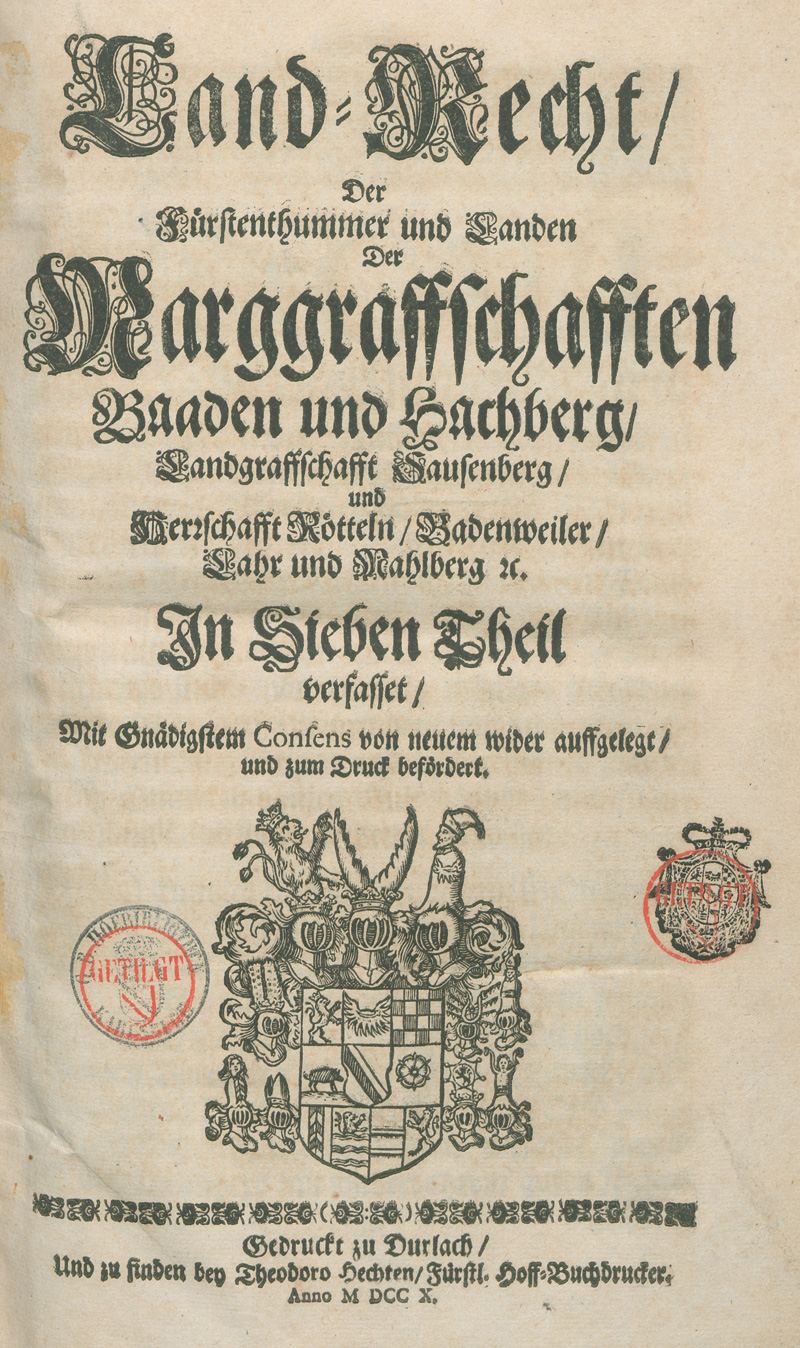 Lot 529, Auction 127, Land-Recht, der Fürstenthummer und Landen der Marggraffschafften Baaden und Hachberg
