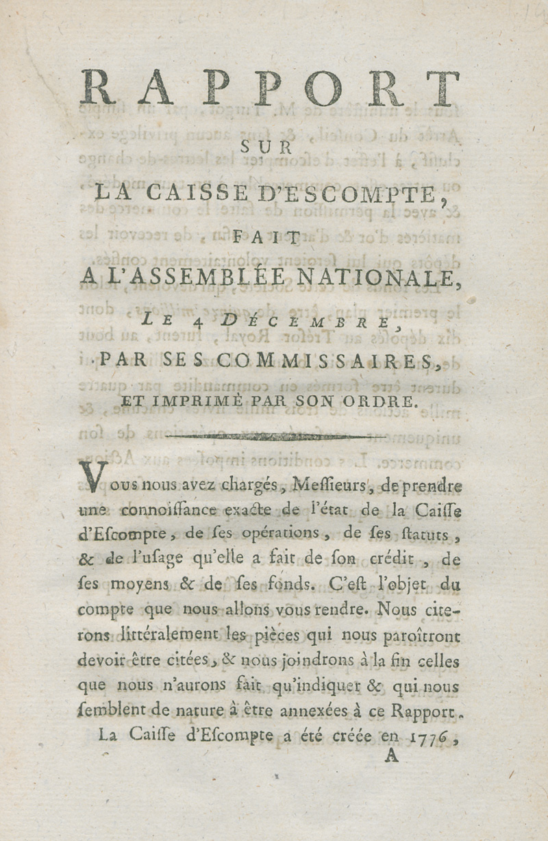 Lot 530, Auction 127, Lavoisier, Antoine Laurent, Rapport sur la caisse d'escompte, fait à l'Assemblée Nationale