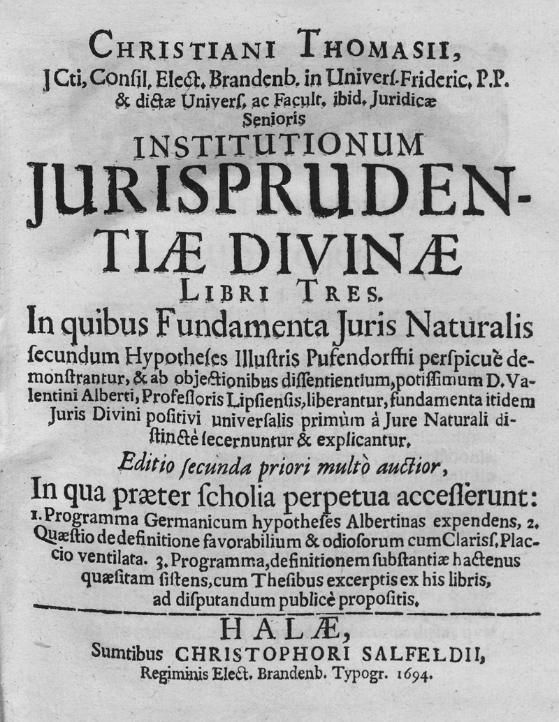 Lot 557, Auction 127, Thomasius, Christian, Institutionum jurisprudentiae divinae libri tres
