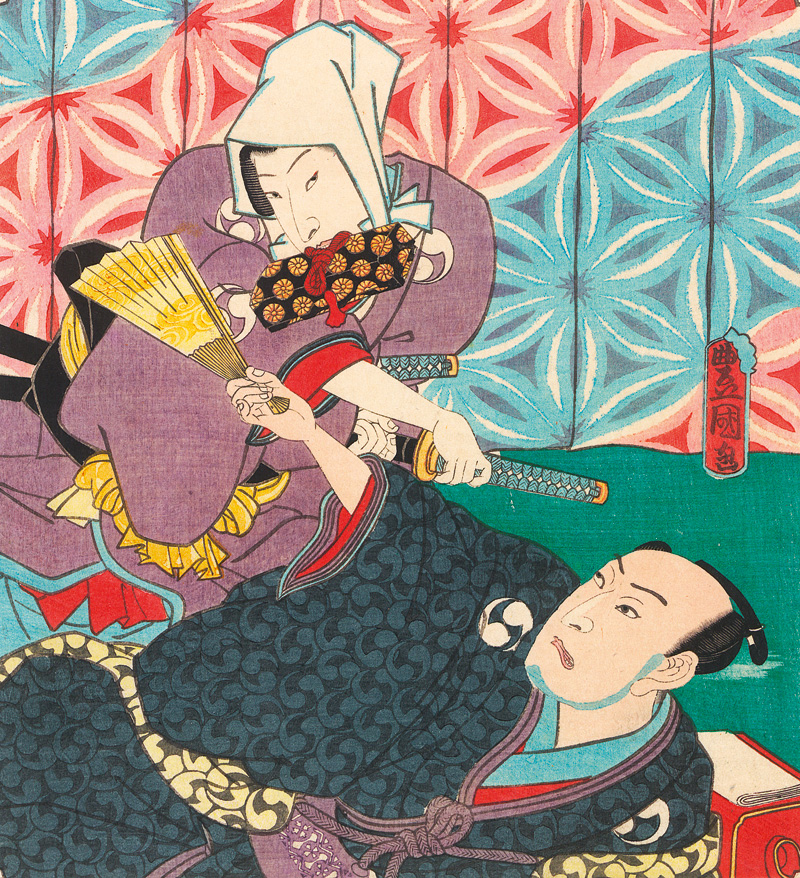 Lot 641, Auction 127, Kunisada, Utagawa, 3 farbige Ukiyo-e Holzschnitte mit Theaterszenen