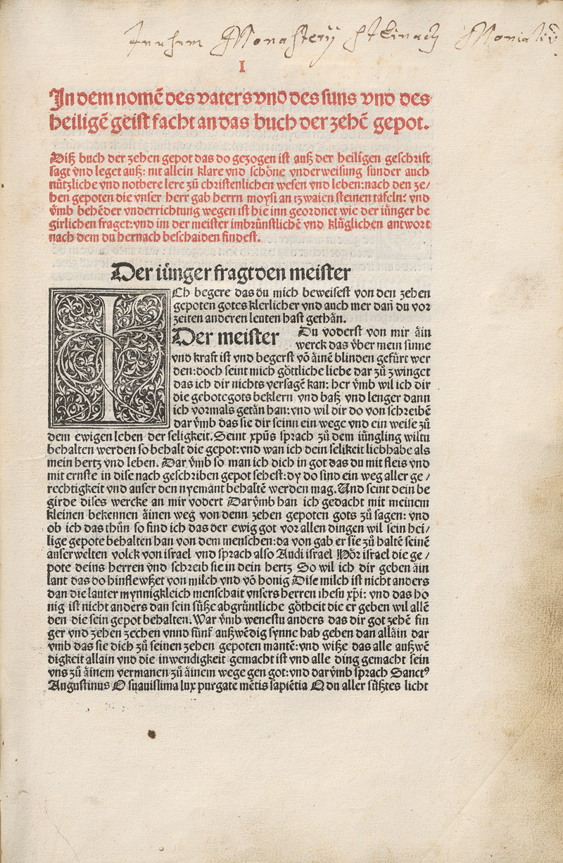 Lot 1066, Auction 127, Marquard von Lindau, Das Buch der zehn Gebote. Text in Rot und Schwarz gedruckt, mit 12 großen Schwarzgrund-Initialen