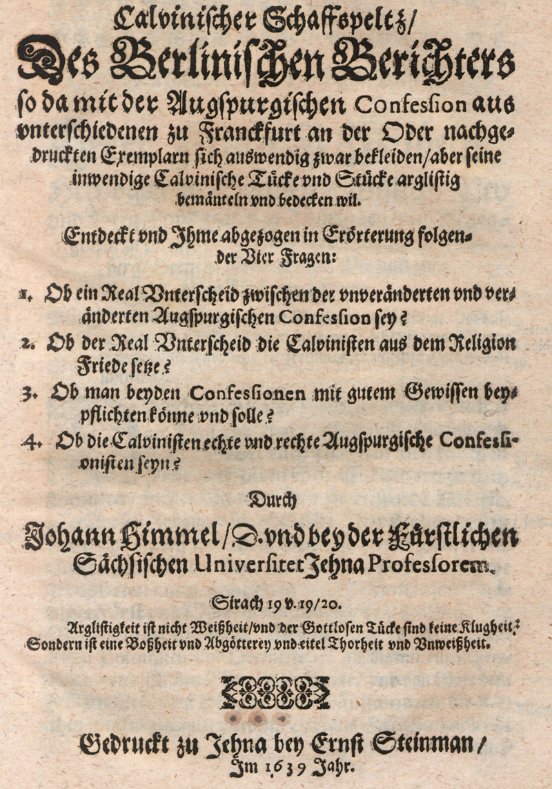 Lot 1250, Auction 127, Himmel, Johann, Calvinistischer Schaffspeltz des berlinischen Berichters