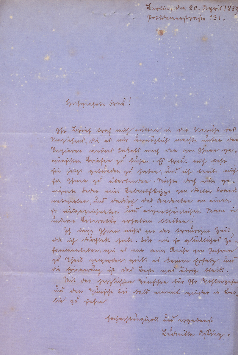 Lot 2503, Auction 127, Assing, Ludmilla, Brief an eine Dame wegen Varnhagens Nachlass. 1859