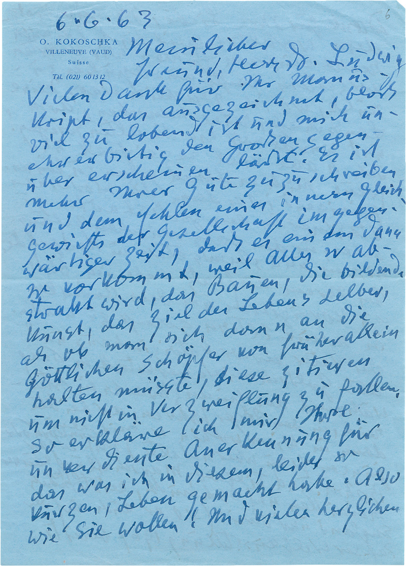 Lot 2610, Auction 127, Kokoschka, Oskar, Brief an Ludwig Goldscheider über sich und Egon Schiele. 1963