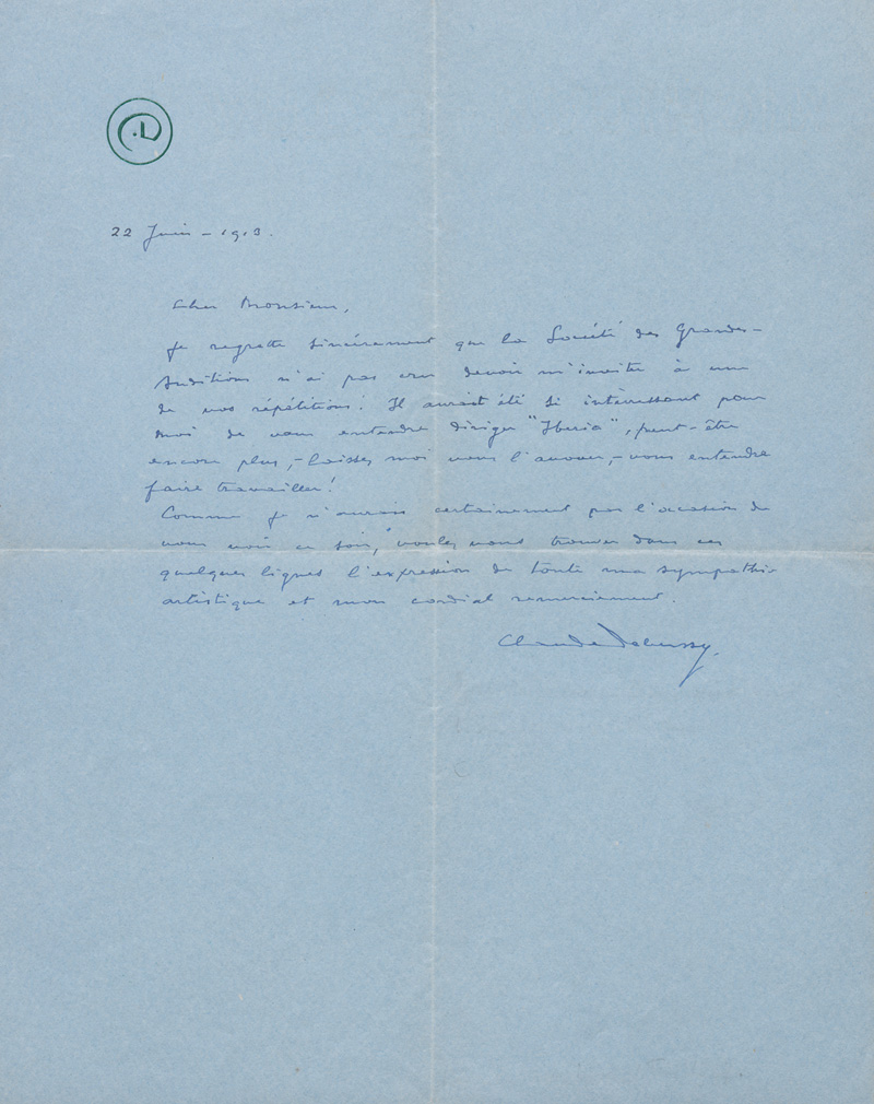 Lot 2625, Auction 127, Debussy, Claude, Brief an einen Musiker. 1913