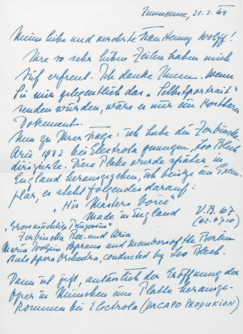 Lot 2631, Auction 127, Ivogün, Maria, Brief an die Sängerin Henny Wolff über Aufnahmen ihrer "Zerbinetta"-Arie. 1964