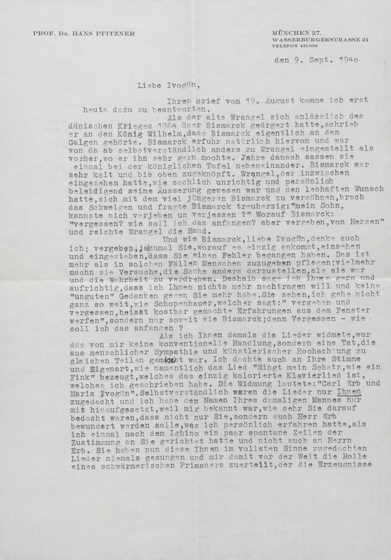 Lot 2647, Auction 127, Pfitzner, Hans, Brief an die Sängerin Maria Ivogün. 1940