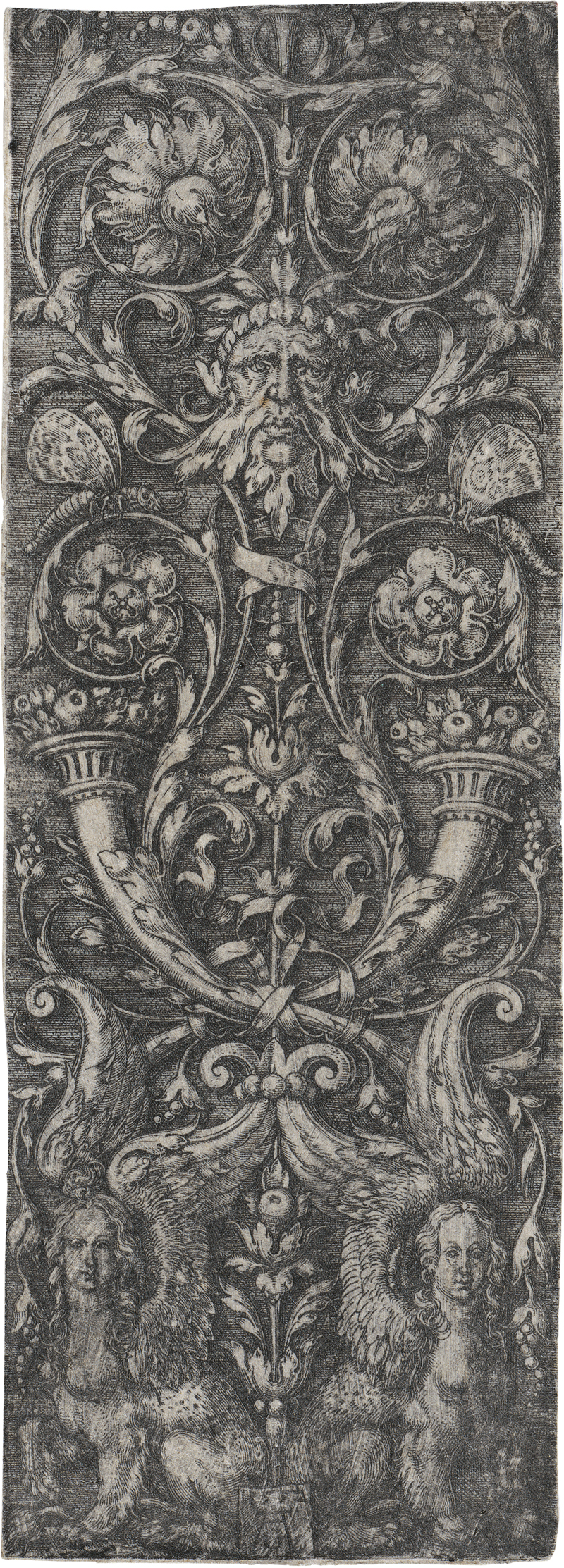 Lot 5165, Auction  127, Aldegrever, Heinrich, Ornamentaler Entwurf mit Masken, zwei Füllhörnern mit Früchten und zwei Sphinxen