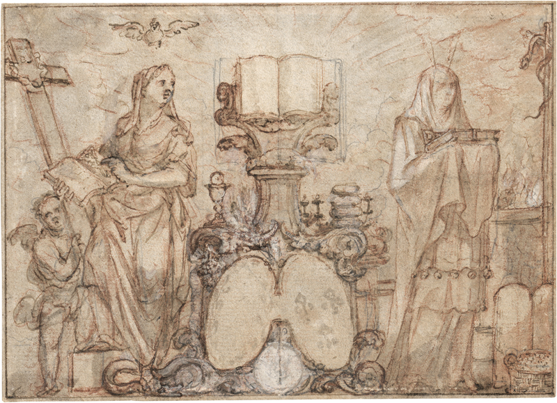 Lot 6506, Auction  127, Italienisch, Ende 16. Jh. Entwurf für ein allegorisches Frontispiz mit den Personifikationen des Alten und Neuen Testaments