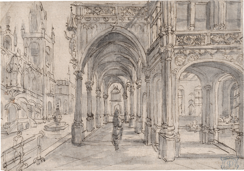 Lot 6532, Auction  127, Vredeman de Vries, Hans - zugeschrieben, Perspektiventwurf: Blick in den Säulengang eines Renaissancepalastes, links ein repräsentatives Gebäude mit Turm