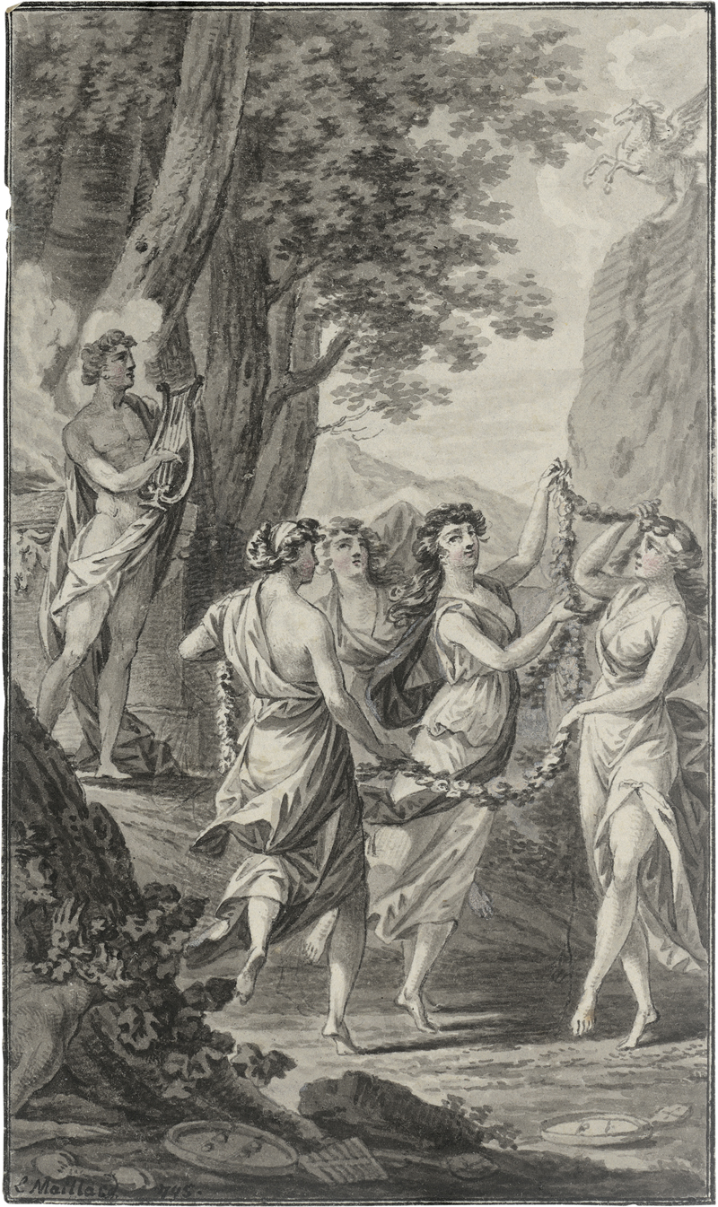 Lot 6565, Auction  127, Maillard, L., Arkadische Landschaft mit Musenreigen, Zeus und Pegasos