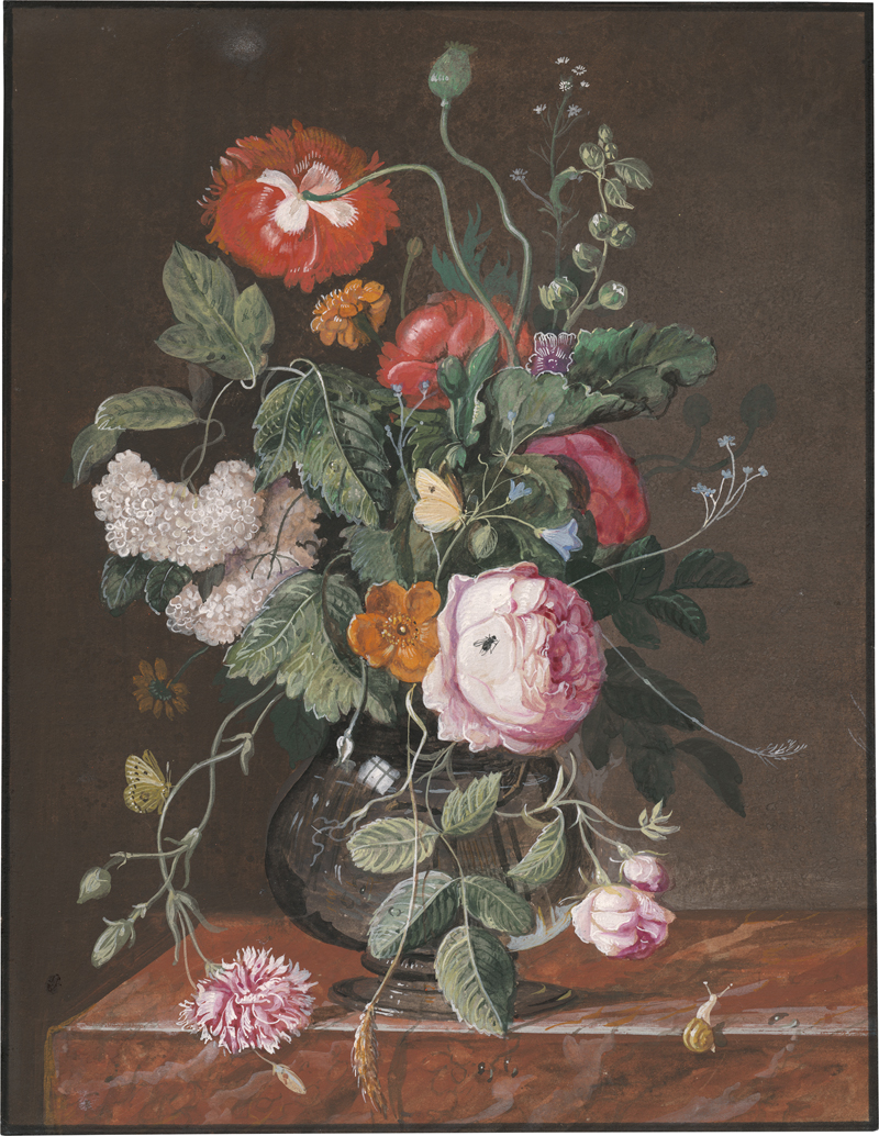 Lot 6578, Auction  127, Deutsch, 18. Jh. Blumenbouquet mit Mohn und Rosen in einer Glasvase
