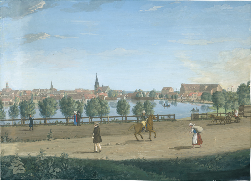Lot 6638, Auction  127, Deutsch, um 1820. Blick über den Mühlenteich auf Tilsit (Sowetsk) und die Deutsche Kirche