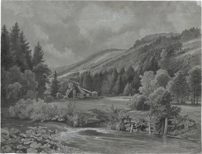 Lot 6666, Auction 127, Hummel, Carl Maria Nikolaus, Thüringische Landschaft bei Rastenberg mit einem Gehöft an dem Fluss Lossa